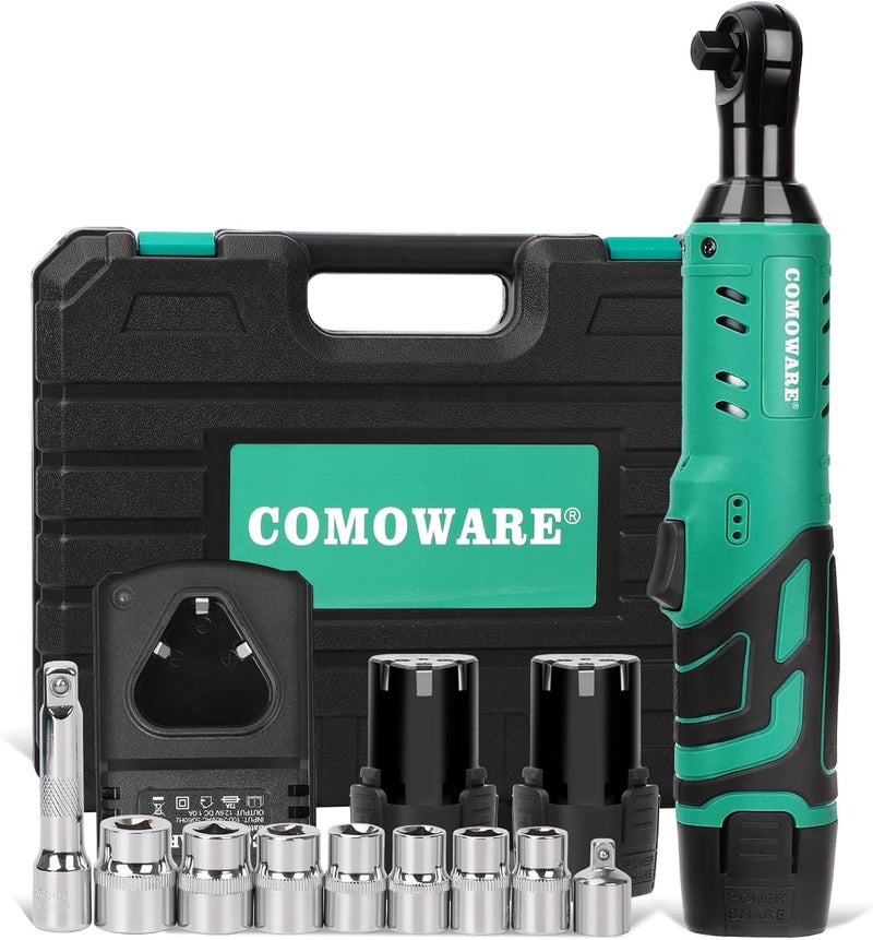 COMOWARE 3/8 Cordless Electric Ratchet Wrench Kit, 40ft-lbs Torque, 12V Power, 8 Sockets, LED Light, Fast Charger, Ergonomic Design - Image 1
